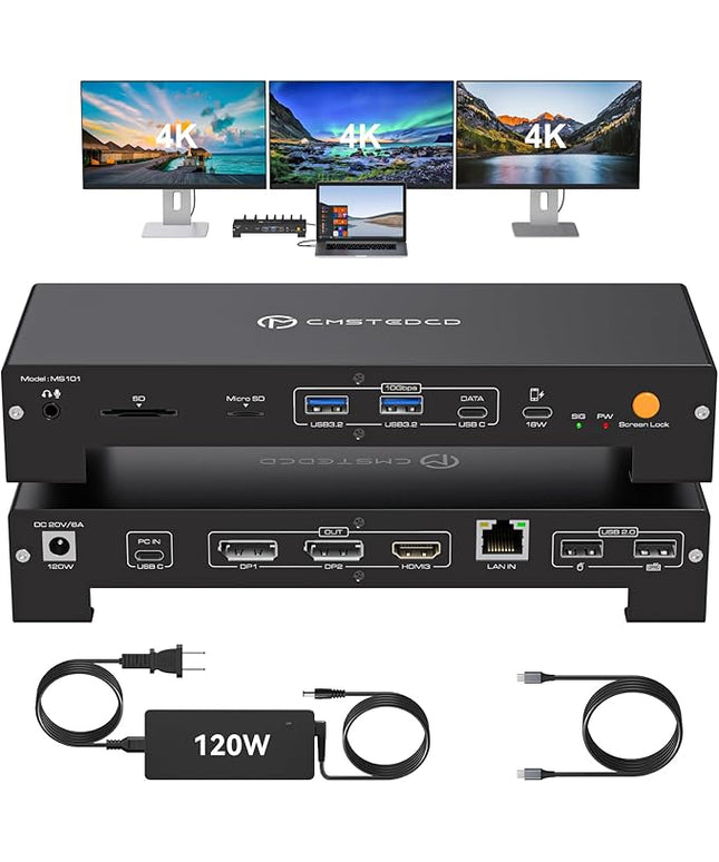 USB C Laptop Docking Station 3 Monitors Triple 3840*2160@60Hz Display with 120W Power Supply Computer PD 100W 15 in 1 Thunderbolt Dock Station for Multiple Monitors with USB 3.2 Port SD/Micro SD Solt