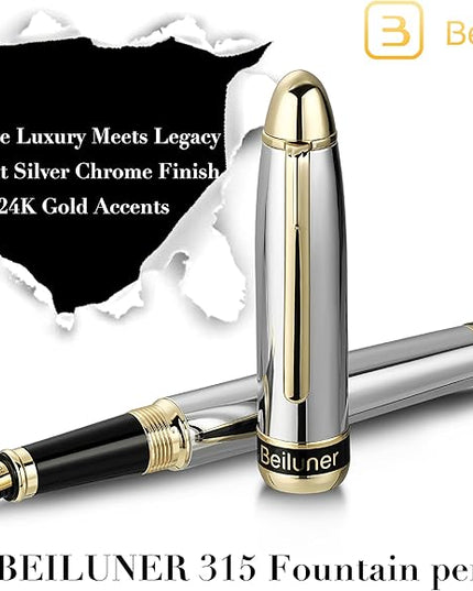 BEILUNER 315 Silver Chrome Fountain Pen,Stunning Luxury Pens with 24K Gold Accents, Gorgeous 24K Gilded Nib(Medium), Ink Converter,Fancy Pen Gift for Men&Women-Elegant, Office, Reliable, Nice Design