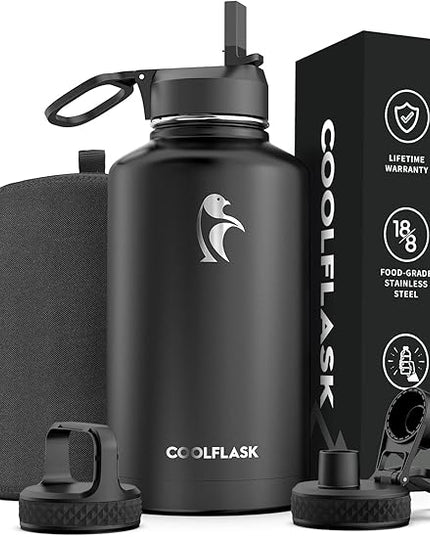 64 oz Water Bottle Insulated with Straw & 3 Lids, Coolflask Large Metal Stainless Steel Water Jug Big Half Gallon Wide Mouth for Sports, Gym or Office, Non-BPA Keep Cold 48H Hot 24H, Magic Black