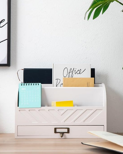 VERGOODR Solid Wooden Desk Drawer Organizer Desktop File Sorter,Desktop Mail Organizer with Handle For Office Supplies,Office Desk Accessories & Workspace Organizers for Home Organization (white)