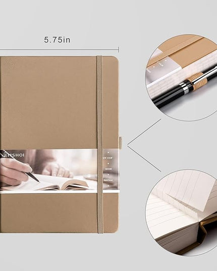 EMSHOI Lined Journaling Notebook - 120gsm Leather Journal with Sticky Notes & 256 Numbered Pages, A5 Hardcover College Ruled Notebook for Work, School, Writing, 5.75”x8.38” - Khaki