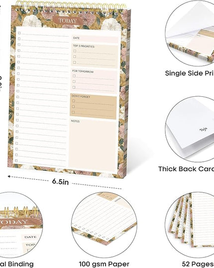 Taja To Do List Notepad - To Do List Notebook for Work with 52 Sheets, 9.8" x 6.5", Undated Daily Planner Perfect for Daily Tasks and Goal Setting, Notepad Suitable for Office, Home & School - Toffee Blossom