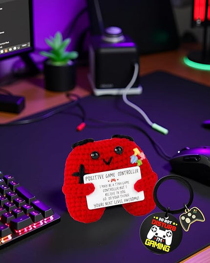 Gamer Gifts Positive Crochet Game Controller and Inspirational Keychain, Unique Teenage Boy Gifts Idea, Gaming Gift Set with Gamer Keychain, Birthday Gift Emotional Support Crochet for Game Lovers