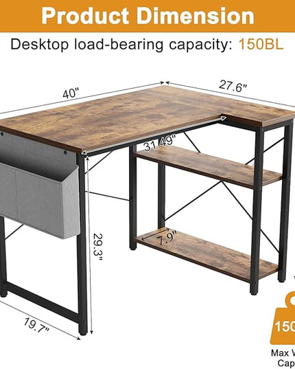 Grandder L Shaped Computer Desk with Reversible Shelves, 40 Inch Small Corner Desk with Storage Bag, Gaming Desk Computer Table Study Writing Desk for Home Office Small Space, Rustic Brown