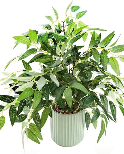 EZBOHO 16" Artificial Willow Leaf Plant in Ribbed Ceramic Pot Lifelike Faux Potted Greenery for Indoor Home Office Table Shelf Living Room Bedroom Bathroom Decor