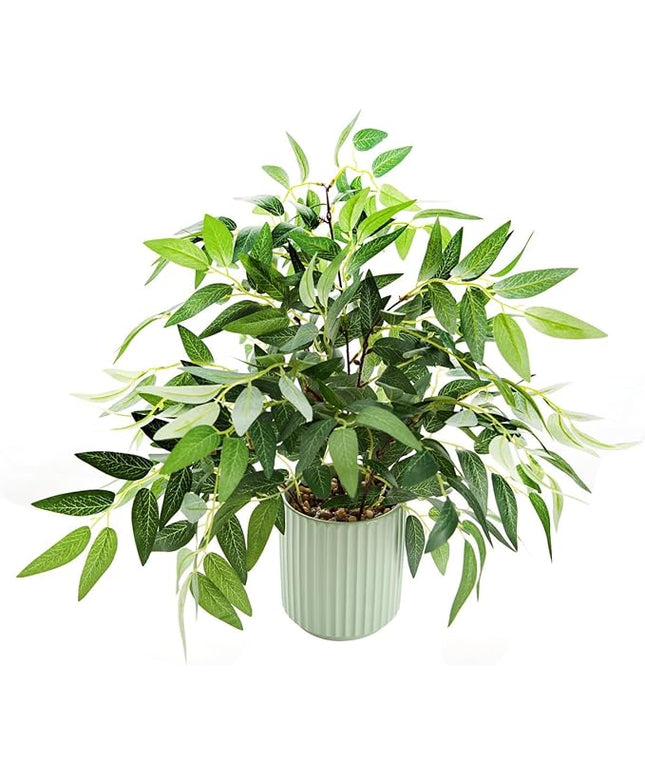 EZBOHO 16" Artificial Willow Leaf Plant in Ribbed Ceramic Pot Lifelike Faux Potted Greenery for Indoor Home Office Table Shelf Living Room Bedroom Bathroom Decor