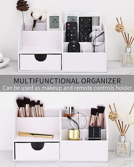 KINGFOM Pu Leather Desk Organizer Pen Pencil Holder Office Supplies Caddy Storage Box 6 Compartments with Drawer White (Full Pu Leather)
