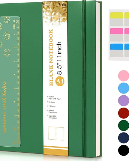 Blank Spiral Notebook Journal 8.5” x 11”, A4 Large Sketch Book for Women Men, 100 GSM Blank Paper Drawing Notebook, Plastic Hardcover Spiral Bound Sketchbook for Sketching Work School Writing, Green