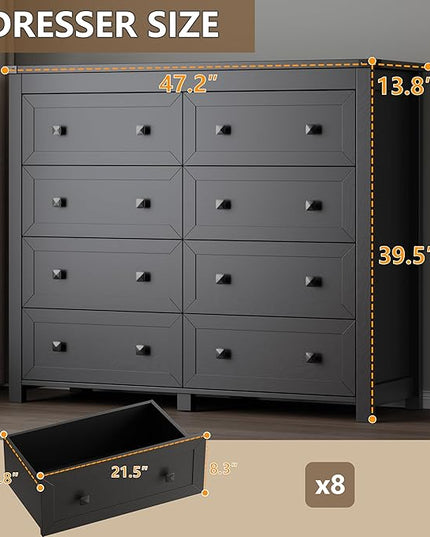 BORNOON Tall 8-Drawer Dresser, Modern Wooden Storage Chest of Drawers, Dresser TV Stand, Wood Drawer Organizer with Metal Handles for Bedroom, Living Room, Hallway