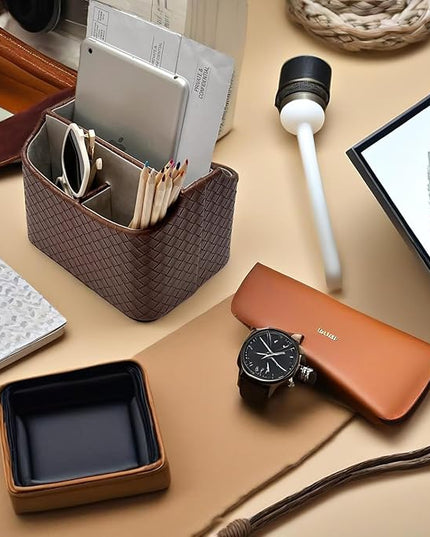 UnionBasic Rotating Desk Organizer, 360 Degree Desk Spinning Caddy, Desktop TV Guide/Mail/Media/Remote Controller Holder Organizer, Woven Coffee