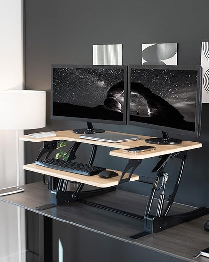VIVO 36 inch Height Adjustable Stand Up Desk Converter, V Series, Quick Sit to Stand Tabletop Dual Monitor Riser Workstation, Light Wood Top, Black Frame, DESK-V000VO