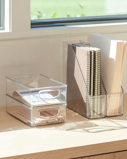 mDesign Plastic Slim Vertical File Folder Storage Organizer Bin with Handle - Hold Notebooks, Binders, Envelopes, Magazines for Home Office, Work Desktops, Ligne Collection, Clear