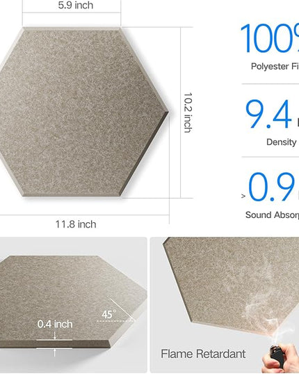 22 Pack Self-Adhesive Acoustic Panels 12" X 10" X 0.4" - Sound Proof Foam Panels with High Density, Stylish Hexagonal Design, Flame Resistant, Absorb Noise and Eliminate Echoes(Camel)