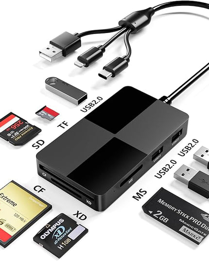 Memory Stick Pro Duo Adapter Reader - 8 in 1 XD/MS/TF/CF/SD Card Reader for iPhone/PC/Android/Lightning Device, Multi Memory Card Reader with 3 USB 2.0 Ports, USB C OTG Adapter XD Picture Card