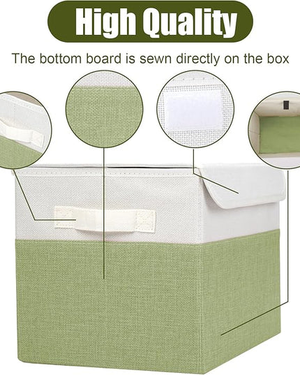 Large 22 Quart Linen Fabric Foldable Storage Bin Cube Organizer Basket with Flip-Top Lid & Handles, Clothes Blanket Box for Home, Office, Closet, Green & White, 4 Pack 14.6 x 9.5 x 9.5