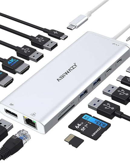 USB C Hub USB-C Docking Station Dual Monitor 14 in 1 Triple Display Multiport Adapter with 2 HDMI+DP+7 USB Type C/A Ports+Ethernet+Audio, USBC Dongle for Dell/HP/Lenovo ThinkPad/Surface(Sliver)
