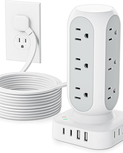 Tower Surge Protector Power Strip, 10FT Extension Cord with Multiple Outlets, Flat Plug Outlet Extender with 12 AC Outlets & 8 USB Ports, 24W Total Charging Station for Home Office Dorm Room