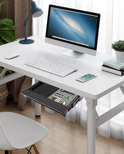 18.9" Under Desk Storage Drawer with Holes, Locking Design Black Sliding Pull-Out Drawer for Sit Stand Workstation