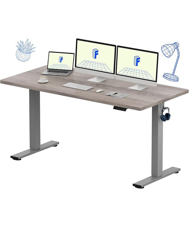 FLEXISPOT EN1 One-Piece Standing Desk 60 x 24 Inches Height Adjustable Electric Desk (Silver Frame + Grey Wood Grain Top, 2 Packages)