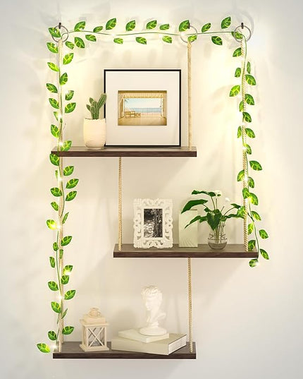 Hanging Shelves for Wall, 3 Tier Boho Wall Decor Hanging Shelf with Vine Lights, Rope Rustic Wood Floating Shelves Floral Plant Decor for Bedroom Living Room Dorm Office Women