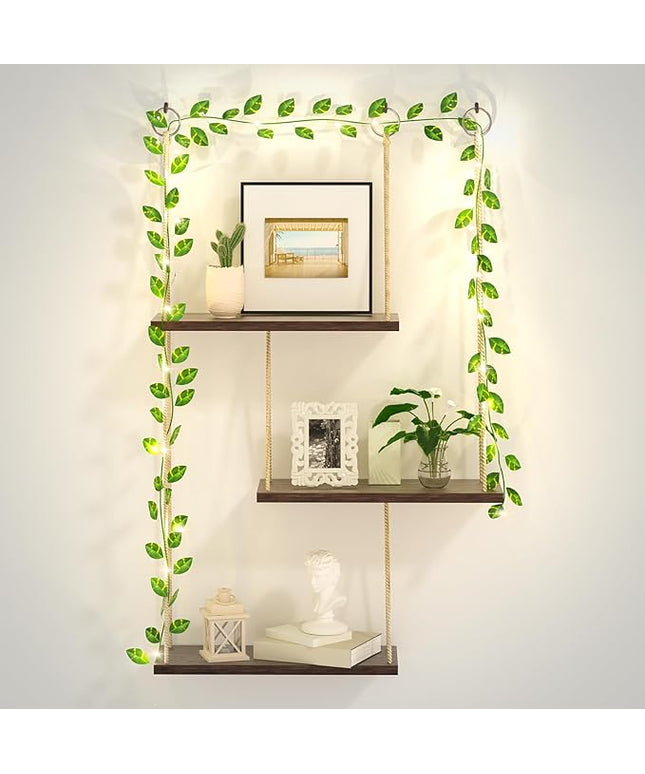 Hanging Shelves for Wall, 3 Tier Boho Wall Decor Hanging Shelf with Vine Lights, Rope Rustic Wood Floating Shelves Floral Plant Decor for Bedroom Living Room Dorm Office Women
