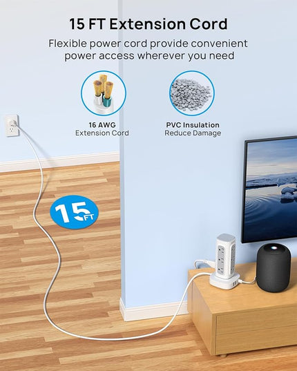 TROND Surge Protector Power Strip Tower - 15ft Flat Plug Extension Cord with Multiple Outlets, 4 USB Ports, Vertical Charging Station, 1700 J, Home Office Desk Supplies, Dorm Room Essentials, White