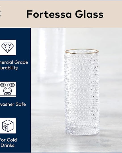 Fortessa Jupiter Beaded Hobnail Glass, 11 Ounce Collins/High Ball (Set of 6), Gold Rim Clear