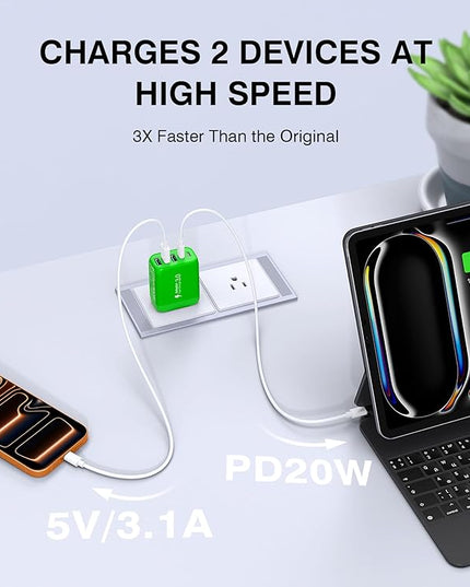 60W USB C Wall Charger Block,5-Port C Charger Fast Charging Block PD Power Adapter +QC 3.0 Multiport Type C Box Charger Cube USB A Wall Plug for iPhone 14/15/16/17 Pro Max Plus,Samsung(Green)(2-Pack)