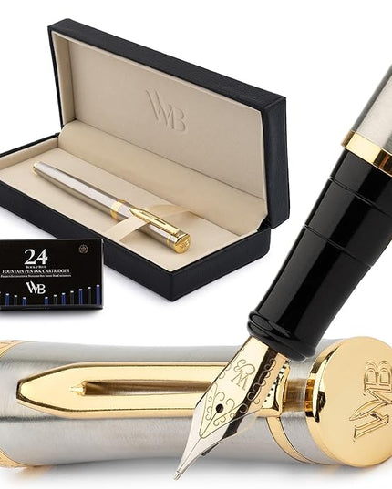 Wordsworth & Black Fountain Pen Set, Medium Nib, Includes 24 Ink Cartridges and Ink Refill Converter, Gift Case, Journaling, Calligraphy, Smooth Writing Pens [Silver Gold], Perfect for Men and Women