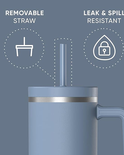 Hydrapeak Voyager 40 Oz Stainless Steel Tumbler with Handle, Insulated Water Bottle With Straw & Lid, Cupholder Friendly Reusable Travel Mug (Modern Blue)