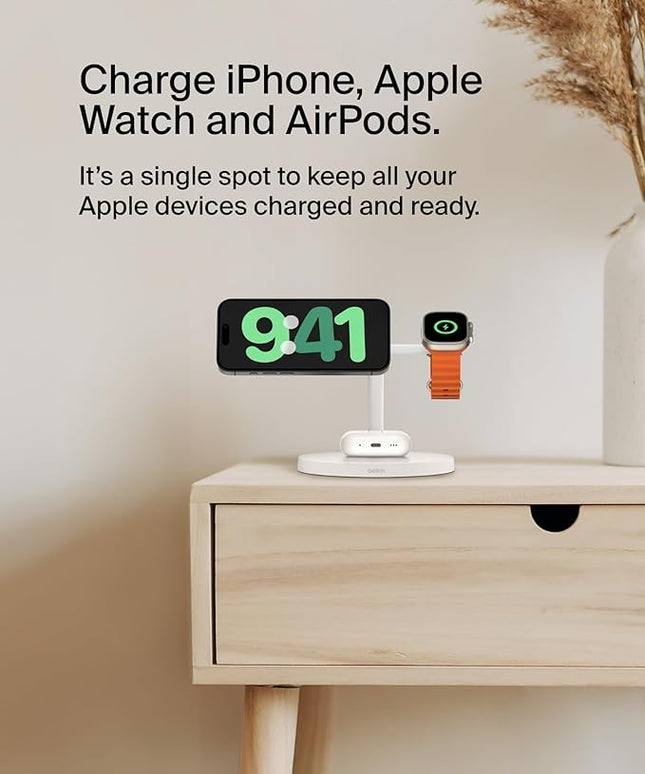 Belkin MagSafe-Compatible Charger, 3-in-1 Wireless Charging Station, Qi2-Certified 15W Wireless Charge for Apple iPhone 17 Series, Apple Watch, AirPods w/Non-Slip Base, 40W Included - Black