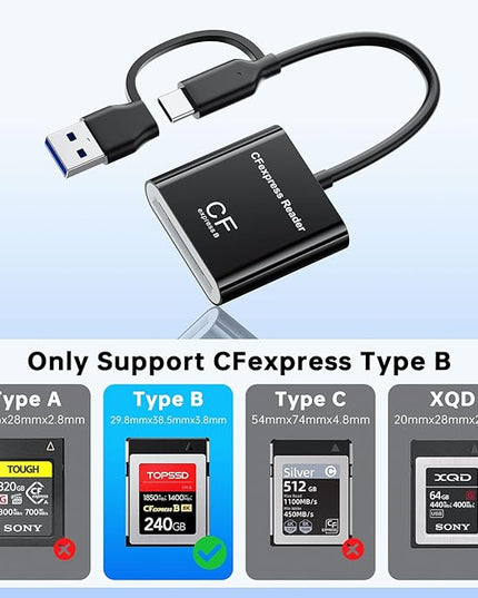 CFExpress Type B Card Reader with USB 3.2 (Gen 2) 10Gbps, USB-C & USB-A 2-in-1 Type B CFexpress Adapter, CF Express Type B Card Reader Compatible with Windows/Mac/Linux/Android(Not for XQD Card)