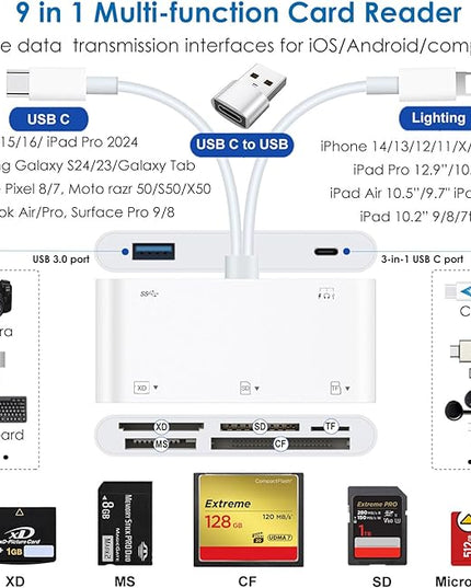 9-in-1 Memory Card Reader Universal SD Card Reader for iPhone/iPad, CF/SD/MicroSD/MS/XD Card Reader & USB OTG Adapter with USB-A/USB C/Lightening Connector for iPhone 16/iPad Pro/Samsung Galaxy S25