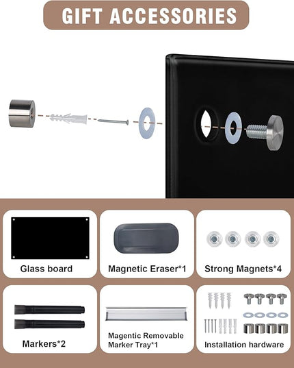 Mifuro Magnetic Glass Whiteboard，24"x18" Wall Mounted Frameless Dry Erase Board for Office, Home & School Black