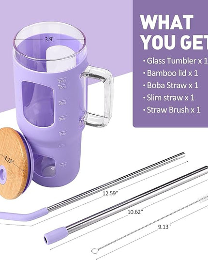 32 oz Glass Tumbler with Straw and Lid, Glass Water Bottles with Time Marker, Silicone Protective Sleeve - Purple