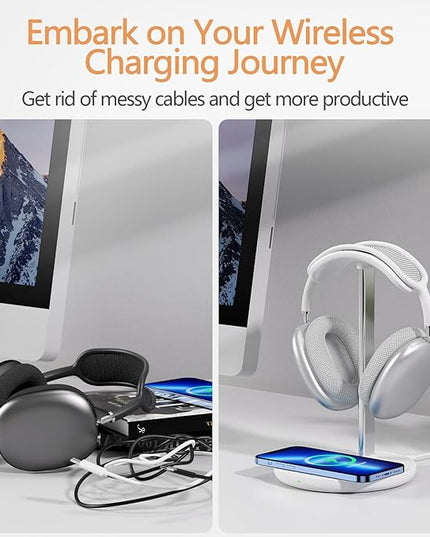 Headphone Stand with Wireless Charger, Gaming Headset Holder Hanger Rack 2 in 1 Wireless Charging Station Dock for iPhone 15/14/13/12/11 Series, AirPods Pro/3/2 and Desk All Headphones, White