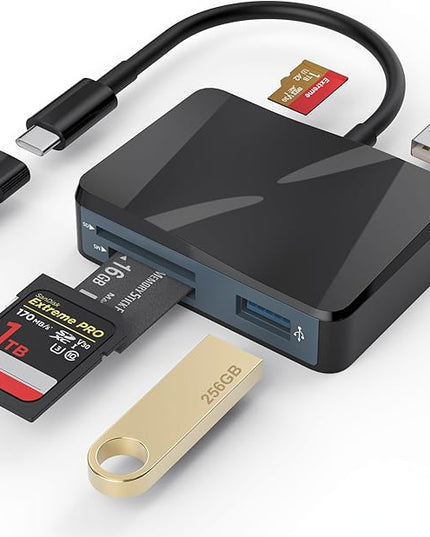 SD Card Reader, 5 in 1 USB-C & USB Card Adapter with SD/MicroSD/MS and Dual USB-A Ports Memory Card Reader for iPhone 17/16/15 Pro Max iPad MacBook Pro/Air M4/M3 Android Phone/Tablet PC (Black)