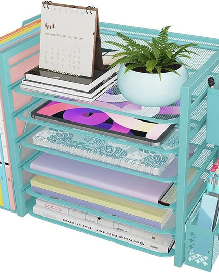 Simple Trending 6 Tier Desk File Organizer, Paper Letter Tray Organizer with File Holder and Pen Container, Blue
