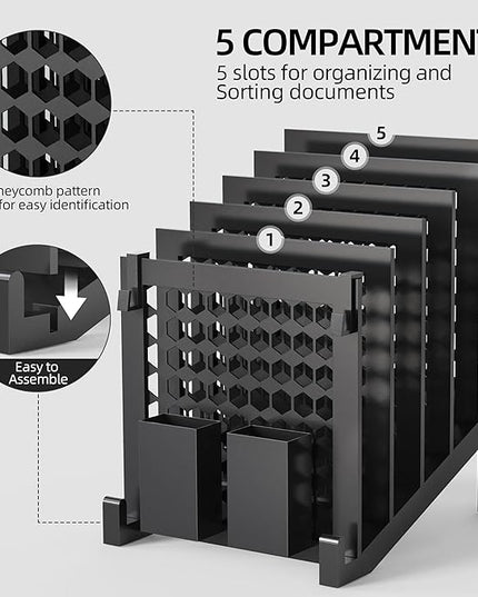 File Organizer for Desk with Storage Box & Hook, Inclined Desk File Organizer with 5-Section Vertical File Holder suitable for Home Office Document Organization（Black）