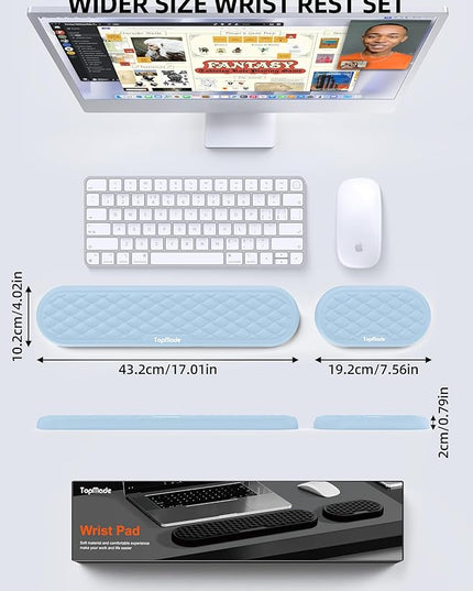 TopMade Upgraded Wider Wrist Rest Set, Soft Memory Foam Keyboard Hand Rest Pad, Computer Ergonomic Keyboard Mouse Wrist Support for Typing Pain Relief, Comfort for Office, Gaming, Study, White Ice