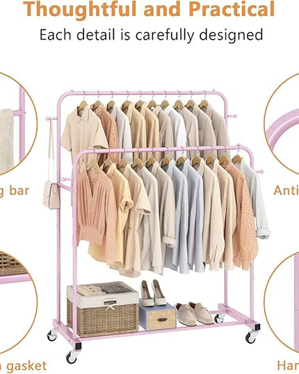 Laiensia Double Rods Garment Rack with Wheels, Clothing Rack for Hanging Clothes,4 Hooks, Multi-Functional Bedroom Clothes Rack, Pink