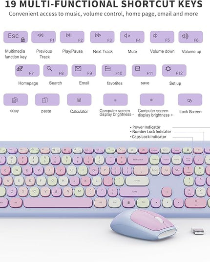 Wireless Keyboard and Mouse Combo, Colorful Ergonomic Full Size Retro Low-Noise Keyboard with Cute keycaps, Compatible with Windows, PC, Perfer for Home and Office Keyboards (Purple)