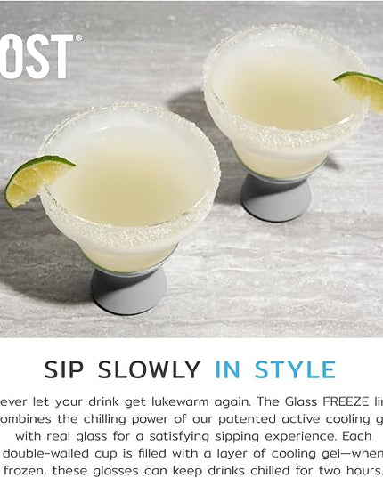 Host Glass Freeze Stemless Margarita Glasses Drinking Set, Insulated Cocktail Glass Set with Silicone Band, 12oz Margarita Glasses Set of 2 in Gray