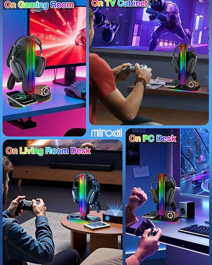 RGB Headset Stand with Wireless Charger, 8-in-1 Charging Station for iPhone, Samsung, Apple Watch Type-C/USB Ports, Gaming Headphone & Controllers Holder, Organizer for Desk Includes 20W PD Adapter