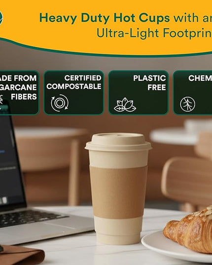 ECO SOUL 50 Pack 12 oz Disposable Coffee Cups with Lids & Sleeves Eco-Friendly, Biodegradable, Compostable, Leak-free & Sturdy To Go Hot Drink Cup for Tea, Chocolate Party Travel Cafe Office & Home