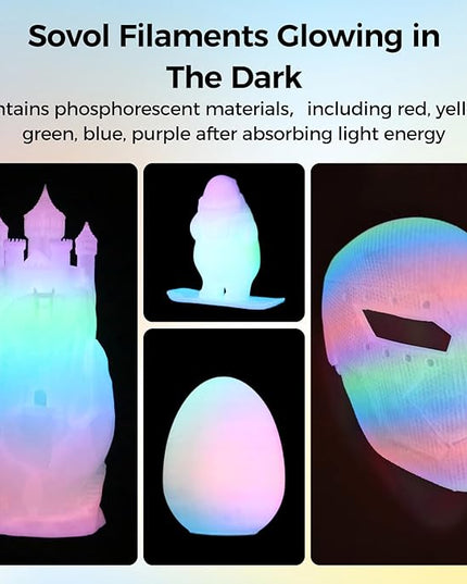 Sovol 3D Printer Glow in The Dark Filament Gradient Multicolor Fast Change PLA 1kg (2.2 lbs) Spool 3D Printing Materials, Dimensional Accuracy +/- 0.03 mm, 1.75 mm, Glow Multicolored