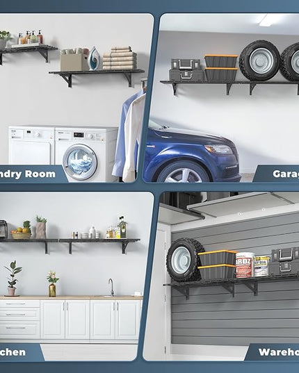 2 Pack Heavy Duty Garage Wall Shelving Set (1x4ft), Wall Mounted Garage Shelves 700lbs Capacity, 12"x48" Shelf Storage Rack Floating Shelves, Black