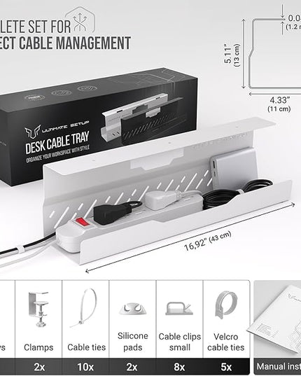 Under Desk Cable Management Tray no Drill – Wire Management - Cord Organizer – Huge Load Capacity – Under Desk Cable Tray no Drill (White, 1 Piece Set)