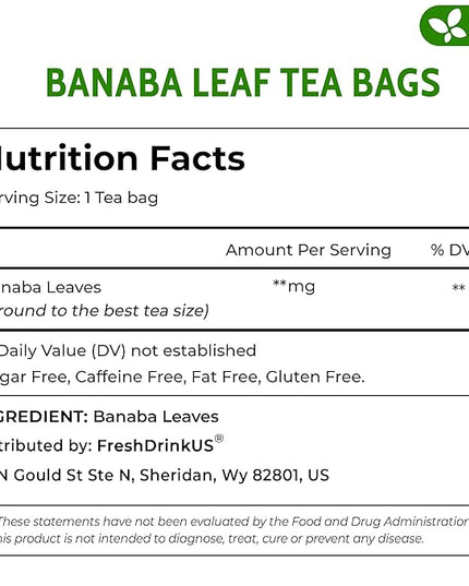FreshDrinkUS, Premium 40 Banaba Tea Bags, 100% Natural & Pure from Banaba Leaves. Loose Leaf Banaba Herbal Tea. No Sugar, No Caffeine, No Gluten, Vegan.