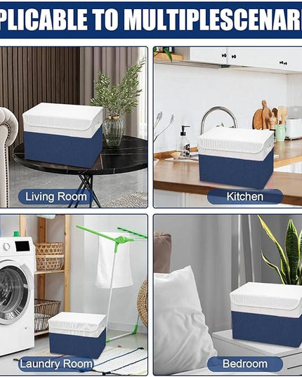 Large 22 Quart Linen Fabric Foldable Storage Bin Cube Organizer Basket with Flip-Top Lid & Handles, Clothes Blanket Box for Home, Office, Closet, Navy Blue & White, 4 Pack 14.6 x 9.5 x 9.5